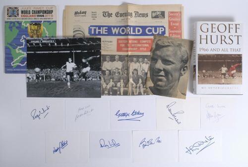 England World Cup 1966 autographs. Nine paper pages individually signed by members of the England squad. Signatures are J. Charlton, B. Charlton, Hunt, Stiles, Wilson, Banks, Ball, Cohen and Peters. Sold with a mono copy photograph of Geoff Hurst scoring 
