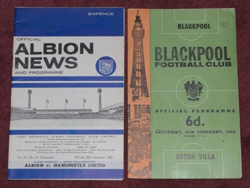 Aston Villa F.C. Season 1965/66 to 1969/70. Almost complete runs of away programmes for the five seasons, including League and Cup matches. Season 1965/66 (26 programmes), 1966/67 (24), 1967/68 (22), 1968/69 (23) and 1969/70 (23). Includes a reserve match