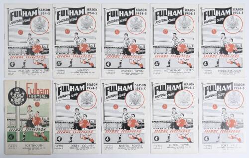 Fulham F.C. 1951/52-1958/59. Fifty six official home match programmes for Football League Division 1 and 2 matches. Seasons are 1951/52 (Qty 1), 1954/55 (11), 1955/56 (21), 1956/57 (11), 1957/58 (7), and 1958/59 (5). Light vertical folds to some, odd mino