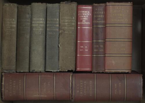 &lsquo;Lillywhite&rsquo;s [and M.C.C.] Cricket Scores & Biographies of Celebrated Cricketers&rsquo;. Arthur Haygarth. Ten volumes in mixed bindings including some duplication. Vol. I (1746 to 1826) London 1862, three copies. Vol. II (1827-1840) London 1862. Vol. III (1841-