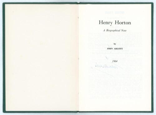 &lsquo;Henry Horton. A Biographical Note&rsquo;. John Arlott. Boscombe Printing Co. Ltd 1964. Privately printed. 12 pages. Limited edition of fifty copies produced for Henry Horton&rsquo;s Benefit Fund of which this is no. 18, signed by the author Arlott. Very good conditi