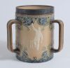 Doulton Lambeth stoneware tyg. Large, than normal, and impressive three handled tyg with three moulded relief vignettes of cricketers, a batsman, a fielder and wicket keeper in white on a brown background with stylised floral leaf and flower Art Nouveau d - 2