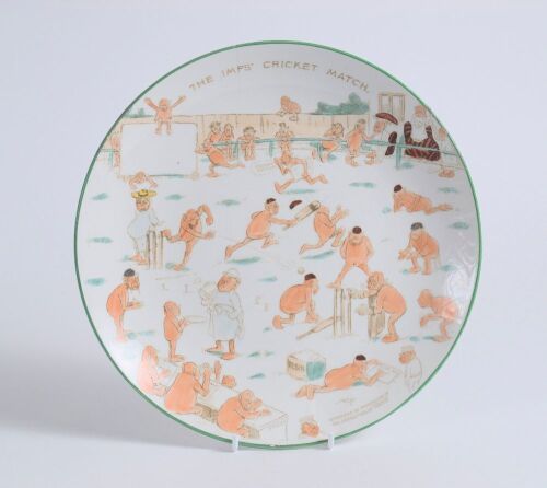 &lsquo;The Imps Cricket Match&rsquo;. Allertons 9&rdquo; diameter plate with imps playing cricket to surface. Circa 1920&rsquo;s.