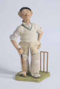&lsquo;The Worcestershire Cricketer&rsquo;. Large figure of a batsman wearing Worcestershire cap and sweater, leaning on his Duncan Fearnley bat, the other hand on his hip with wicket behind. Arista Designs of Hawick, Scotland. The figure stands 12&rdquo; tall. Good condit