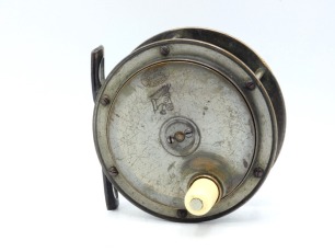 A good Hardy Hercules 4" salmon fly reel, domed ivorine handle on raised winding plate, pierced and waisted bridge foot, quadruple drum pillars, fixed check mechanism, faceplate with two screw spindle boss and stamped Rod in Hand trade mark and enclosed 