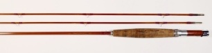 A good Orvis "Battenkill" 2 piece (2 tips) impregnated cane trout/single handed salmon fly rod, 8', GBF 8, 4 3/8oz, tan silk wraps, wooden reel seat with alloy screw grip fitting, suction joint, serial no. 71744, handle discolored from normal use otherwi