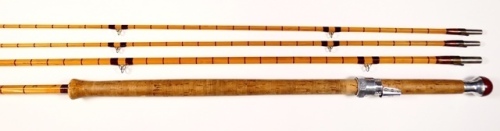 A Hardy "Wye" 3 piece (2 tips) cane salmon fly rod, 13'6", #9, crimson inter-whipped, sliding alloy screw grip reel fitting, lockfast joints, 1962, good overall condition, in bag