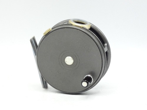 A Hardy Perfect 3 1/8" trout fly reel, ebonite handle, alloy foot, white agate line guide (no cracks), Mk.II check mechanism, unused condition, in original cream card box, 1950's