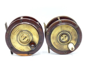 A Sherriff, Glasgow 4 &frac14;" rosewood and brass Perth style salmon fly reel, domed rosewood handle on brass winding plate, bridge foot, quadruple pillared cage fixed check mechanism, circa 1885 and a C. Farlow 4" Perth style reel of similar design, circa 1880