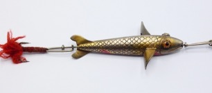 A good Allcock Paragon 3" brass bait, the hollow fish shaped lure with twin amber/black spot glass eyes, twin head spinning vanes, incised scale decoration, central spindle with rear treble hook and spring head loop, circa 1900