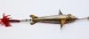 A good Allcock Paragon 3" brass bait, the hollow fish shaped lure with twin amber/black spot glass eyes, twin head spinning vanes, incised scale decoration, central spindle with rear treble hook and spring head loop, circa 1900