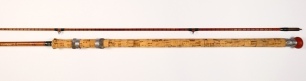 A scarce B. James "Richard Walker Avon" 2 piece cane coarse rod, 10', green silk inter-whipped, sliding alloy reel fittings, "trumpet" cork handle, stepped suction ferrule, white agate lined butt and tip rings, Ealing transfer label, in bag