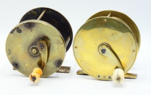 A 19th Century 3 &frac14;" brass multiplying salmon crank winch, turned bone handle on off-set curved crank winding arm with domed iron locking screw, rivetted block foot pierced to take leather pad, triple cage pillars and fixed check mechanism, circa 1850 and