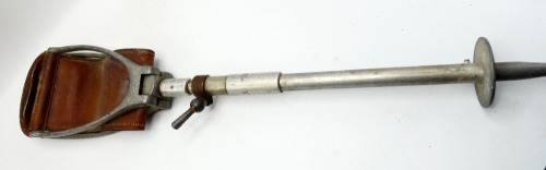 A Hardy No.5 Sportsman's Walking Stick, folding hide seat with twin carry handles, extendable Duralumin shaft with brass collared locking arm, stamped makers details, circa 1930