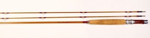 A good Orvis "Midge" 2 piece (2 tips) cane brook trout rod, 7'6", #5, 3 5/8ozs, mid tan silk wraps, cigar shaped cork handle with wooden reel seat and alloy screw grip fitting, suction joint, serial no.81505, only very light use and in original alloy tube