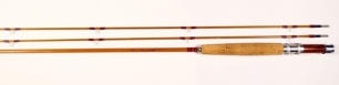 A good Orvis "Midge" 2 piece (2 tips) cane brook trout rod, 7'6", #5, 3 5/8ozs, mid tan silk wraps, cigar shaped cork handle with wooden reel seat and alloy screw grip fitting, suction joint, serial no.81505, only very light use and in original alloy tube