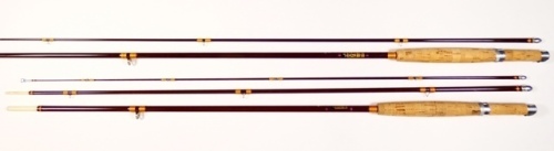 A good Hardy "JET" 2 piece glass fibre brook trout fly rod, 7', #4 gold/crimson tipped wraps, sliding alloy reel fitting, spigot joint and a matching Hardy JET 3 piece glass fibre brook trout fly rod, 7'6", #5, both in little used condition, in bags (2)