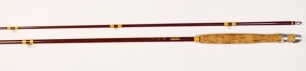 A scarce Hardy "Riccardi" 2 piece Fibalite brook trout fly rod, 7', #6, gold/black tipped wraps sliding alloy reel fitting, staggered ferrule, spigot joint, in bag