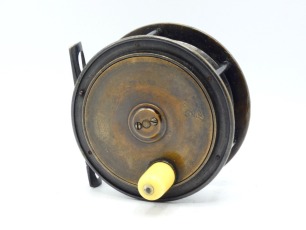 A good Hardy Hercules 4" brass salmon fly reel, domed ivorine handle on raised winding plate, pierced and waisted bridge foot, quadruple cage pillars, fixed check mechanism, faceplate stamped Rod in Hand trade mark and enclosed oval logo, only light wear 