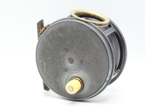 A scarce Hardy Perfect 4 &frac14;" salmon fly reel, "Eunuch" model (no ball bearings), short stub ivorine handle, brass foot, revolving nickel silver line guide, strapped rim tension screw and 1917 check mechanism, slightly dished drum with milled nickel silver