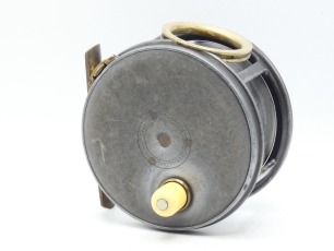 A scarce Hardy Perfect 4 &frac14;" salmon fly reel, "Eunuch" model (no ball bearings), short stub ivorine handle, brass foot, revolving nickel silver line guide, strapped rim tension screw and 1917 check mechanism, slightly dished drum with milled nickel silver