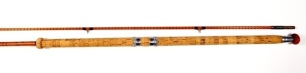 A B. James "Richard Walker Mk. IV" 2 piece cane carp rod, 9', crimson silk inter-whipped, sliding alloy reel fittings, "donut" cork handle, stepped suction ferrule, England transfer label, rod has been reduced (both sections) to make a S/U stalking rod,