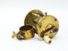 A rare Haywood brass multiplying clamp winch, turned bone handle on off-set curved crank winding arm, with domed iron locking screw, rim mounted locking lever, triple cage pillars, rivetted clamp foot, pierced to take leather pad and with lyre tail locki