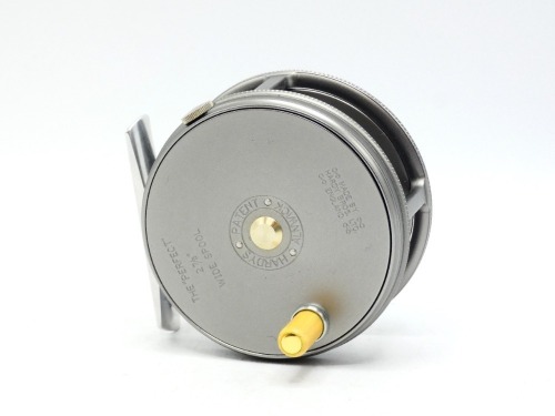 A fine Hardy Perfect 2 7/8" wide drummed trout fly reel, repro model with ivorine handle, polished alloy foot, milled rim tension screw and dual compensating check mechanism, nickel silver drum locking screw, in Hardy circular leather case and card box, u