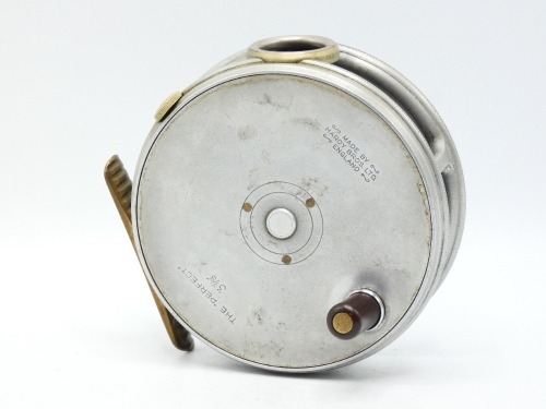 A Hardy Perfect 3 7/8" trout/light salmon fly reel, ebonite handle, ribbed brass foot, white metal line guide, nickel silver milled rim tension screw and Mk.II check mechanism, un-leaded finish, light use and in original brown card box, circa 1940