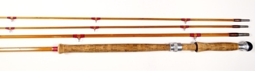 A good Hardy "Wye" 3 piece (2 tips) cane salmon fly rod, 12'6", #9, scarlet/green tipped silk wraps, sliding screw lock reel fitting, suction joints, 1972, light use only, in bag
