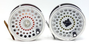 Two Hardy Marquis 2 salmon fly reels, each with composition handle ribbed brass/alloy foot and rear tension adjuster, a Hardy Salmon Deluxe 3 piece carbon salmon fly rod, 13'9", #9 and five various other fly rods by Hardy, Bruce & Walker, Sharpes et al, i