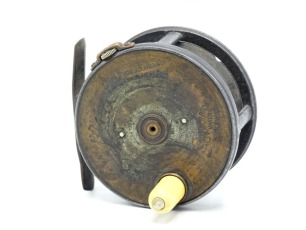 A scarce Hardy Brass Faced Perfect 3" trout/light salmon fly reel, domed ivorine handle, brass foot, strapped rim tension screw and 1905 calliper spring check mechanism, slightly dished drum with four rim cusps and milled nickel silver locking screw, fac