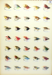 A framed display of thirty five fully dressed salmon flies tied by Barry Grewcock of Brora, tied to 3/0 and 4/0 irons, various patterns each with printed name plaque and mounted on cream card backboard, framed and glazed, 25 &frac14;" x 18 &frac12;" overall, Barry Grew