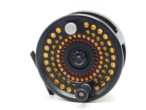 A Lamson LP-7 Spey salmon fly reel and spare spool, black anodised finish, counter-balanced handle, rear off-set tension adjuster, in pouches and card boxes and a Sage GFL 3 piece carbon salmon fly rod, 14', #10, alloy screw grip reel fitting, in bag and 