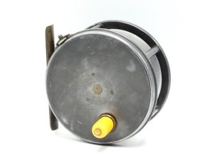 A good Hardy Perfect 4 &frac12;" salmon fly reel, domed ivorine handle, brass foot, strapped rim tension screw with Turk's head locking nut and 1906 check mechanism, slightly dished drum with four rim cusps and milled nickel silver locking screw, faceplate stam