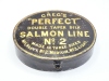 A scarce Greg's "Perfect" Salmon Line No.2 japanned tin box, oval case with hinged cover, turn-key hasp latch, gilt painted line details, interior lacking central fly holder, 6" wide, circa 1890 (see illustration)