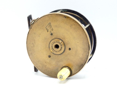 A rare Hardy 1894/5 Brass Perfect 4 &frac12;" salmon fly reel, domed bone handle, pierced and waisted bridge foot, quadruple nickel silver cage pillars, strapped rim tension screw and early calliper spring check mechanism, open ball race with phosphor bronze be