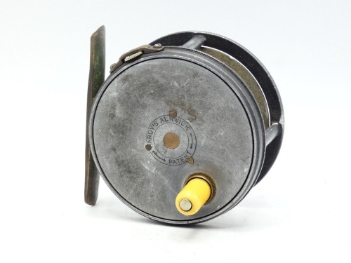 A scarce Hardy Perfect 3" wide drummed trout fly reel, domed ivorine handle, pierced brass foot, strapped rim tension screw and early calliper spring check mechanism, slightly dished drum with four rim cusps and milled nickel silver locking screw, facepl
