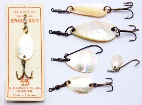 An Allcock mother o'pearl trout spoon bait, 1" blade with rear flying treble hook and barrel head swivel, on original trade card and five further small Allcock mother o'pearl trout spoons, various sizes (6)