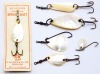 An Allcock mother o'pearl trout spoon bait, 1" blade with rear flying treble hook and barrel head swivel, on original trade card and five further small Allcock mother o'pearl trout spoons, various sizes (6)