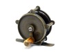 A rare Hardy raised pillar 2" trout fly winch, domed horn handle on straight crank winding arm with dome iron locking screw and set within an anti-foul rim, bridge foot, triple raised drum pillars, fixed check mechanism, faceplate stamped enclosed oval l