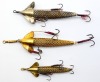 Three Allcock Wire Phantom baits, 2 &frac12;", 2 &frac12;" and 2" examples, two gilt metal one silvered finish, each with twin spinning head vanes, one vane stamped "patent", mesh wire body, rear and two side mounted flying treble hooks, circa 1900 (3)