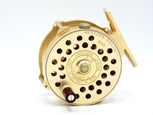A rare Hardy Bougl&eacute; Centenary Lightweight Mk.IV 3" trout fly reel, limited ed. no.000 with gold anodised finish, rosewood handle, pierced block foot, triple raised pillars (one nickel silver roller), milled rim tension screw and dual compensating check m