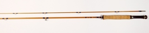 A good S. Wooley "Bentley Brook" 2 piece cane brook trout fly rod, 6'6", #3/4, crimson silk wraps, rosewood reel seat with sliding alloy fitting, agate lined stripping guide, suction joint, only very light signs of use, in original bag