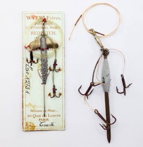 A scarce Wyer Fr&egrave;res Chapman 3" dead bait mount on trade card, twin head spinning vanes, serrated lead spindle, triple gut mounted treble hooks, card ink inscribed Truite and No.273A and a Wyer Fr&egrave;res La Syr&egrave;ne 3 &frac14;" dead bait mount, pin bait lock, triple
