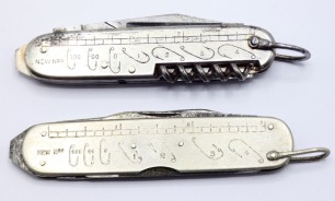 A scarce J.C. Vickery angler's knife, fitted six steel tools, hinged shackle, nickel silver side plates, stamped hook gauge and inch measure and a Richartz angler's knife, fitted six tools, nickel silver side plates, stamped inch measure and hook gauge (2