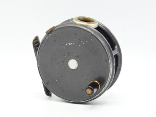 A Hardy Perfect 3 1/8" trout fly reel, ebonite handle, ribbed brass foot, white agate line guide (no cracks), milled rim tension screw and Mk.II check mechanism, light wear to enamel finish only, 1950's