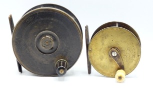 A Chas Farlow 3 &frac14;" brass salmon winch, turned bone handle on curved crank winding arm, rivetted block foot, triple cage pillars, rear raised check housing and fixed check mechanism, faceplate script engraved 191 Strand address details, circa 1870 and a R