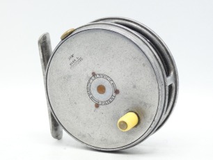 A scarce Hardy Perfect 3 3/8" trout fly reel, "Eunuch" model (no ball bearings) ivorine handle, alloy foot, milled rim regulator screw and Mk.I check mechanism, faceplate stamped central circular logo and Mk.I Duplicated details, wear from normal use, cir