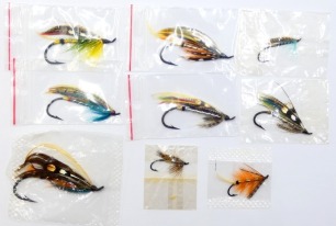 Nine various Hardy fully dressed salmon flies, various patterns and sizes including 4/0 Green Highlander, 6/0 Thunder & Lightning, 4/0 Mar Lodge et al, some in original cellophane packets (no labels) (9)